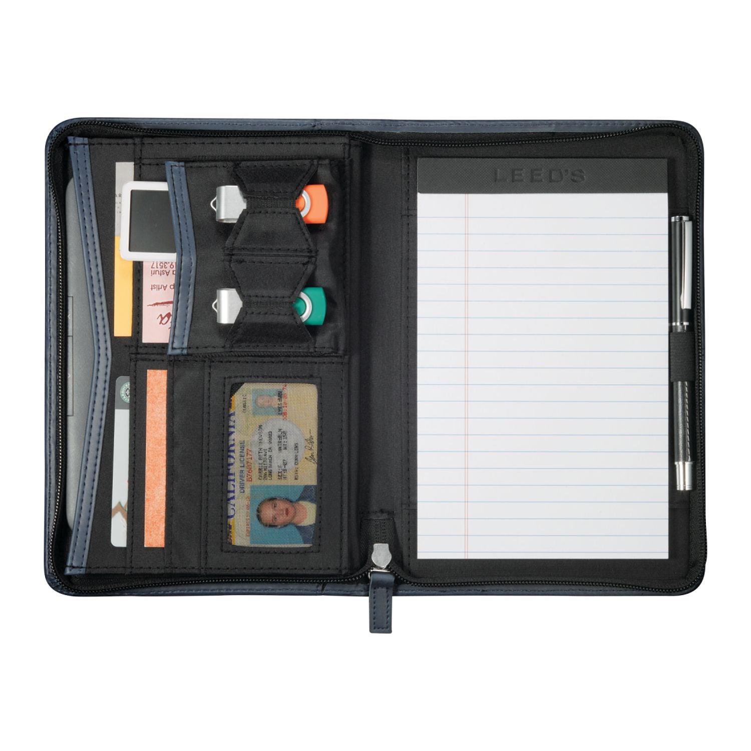 Navy Pedova™ Jr. Zippered Padfolio with FSC® Mix Paper opened with contents inside