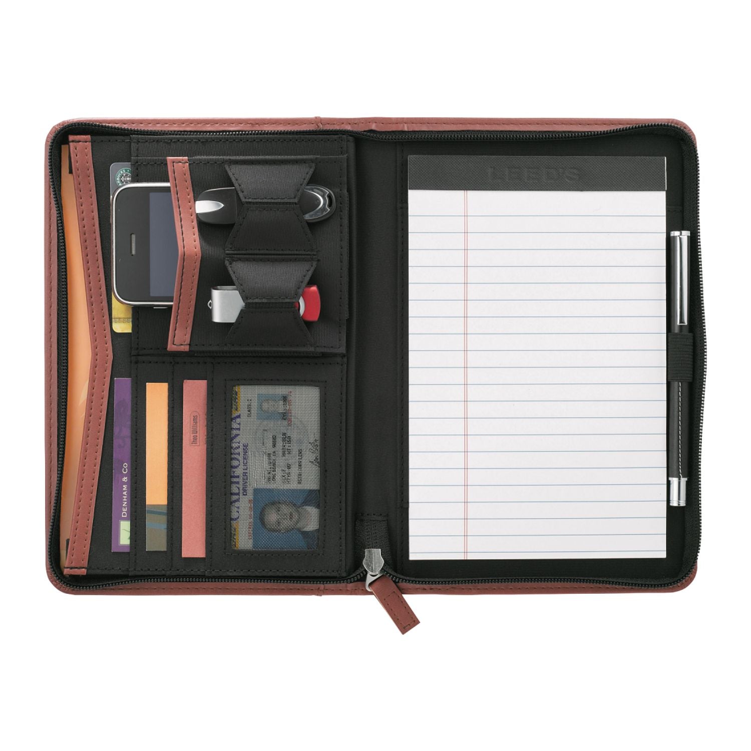 Terra Cotta Pedova™ Jr. Zippered Padfolio with FSC® Mix Paper opened with contents inside