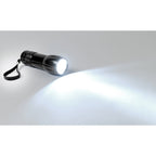 Black Mini LED Aluminum Flashlight shown in the on position