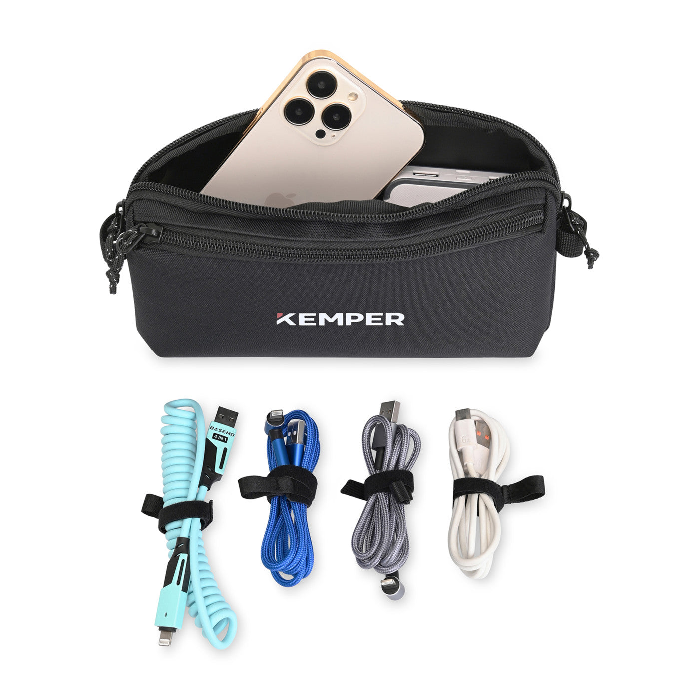 Newton Recycled rPET Electronics Cord Management Pouch shown with example cords that are not included