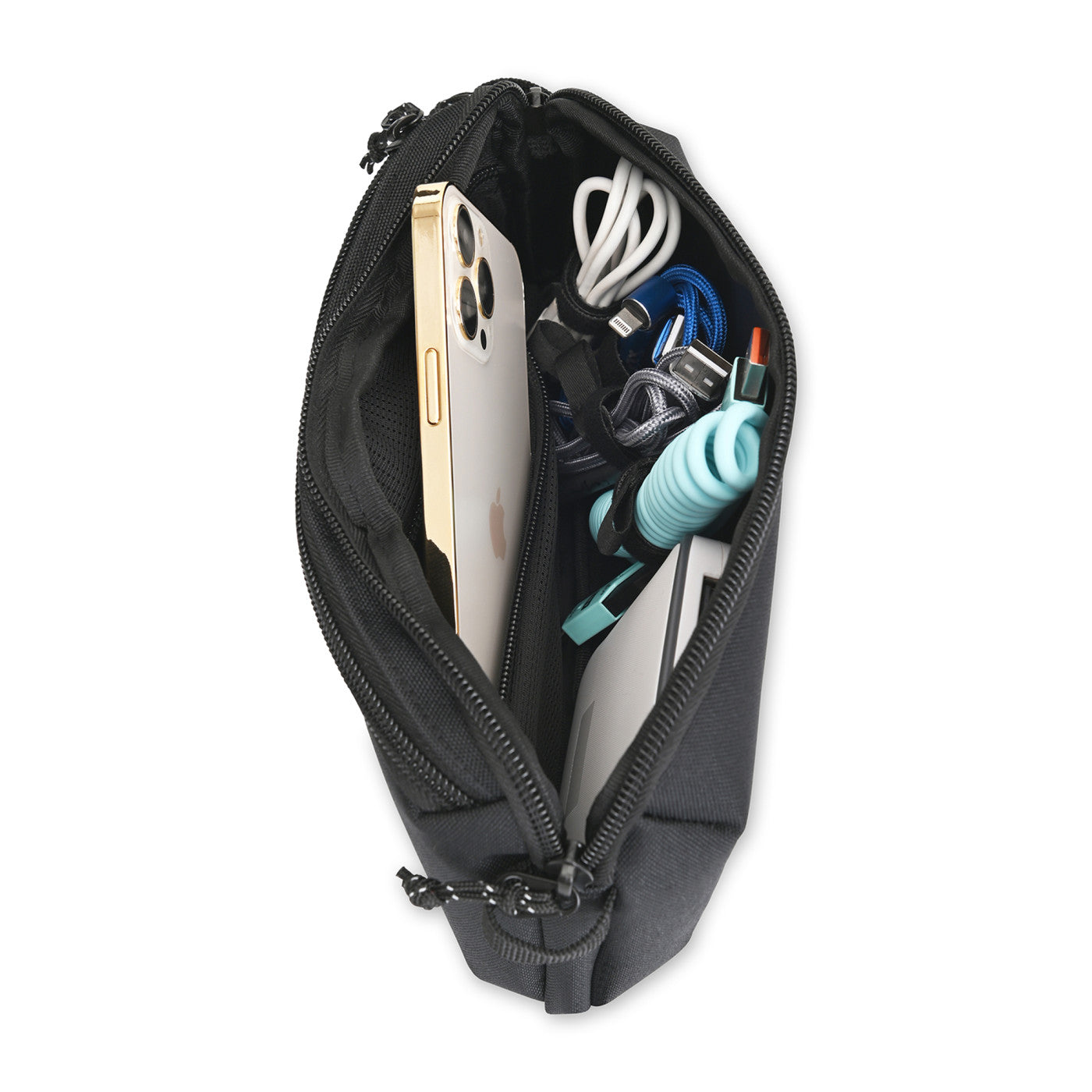 Newton Recycled rPET Electronics Cord Management Pouch shown with example cords that are not included
