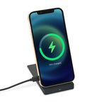 Eden Recycled rPET Collapsible Desk Charger shown charging a phone