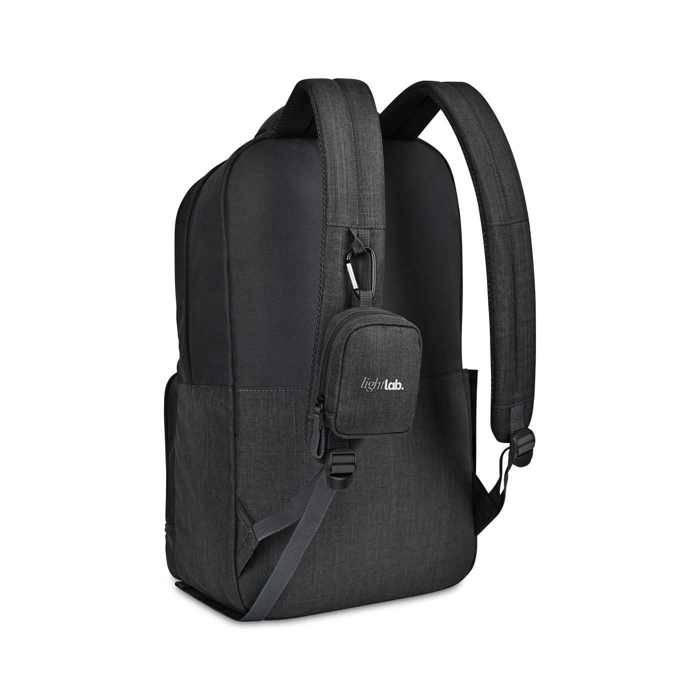 A Fletcher Recycled rPET Mini Pouch Bag Charm shown attached to a backpack hook 