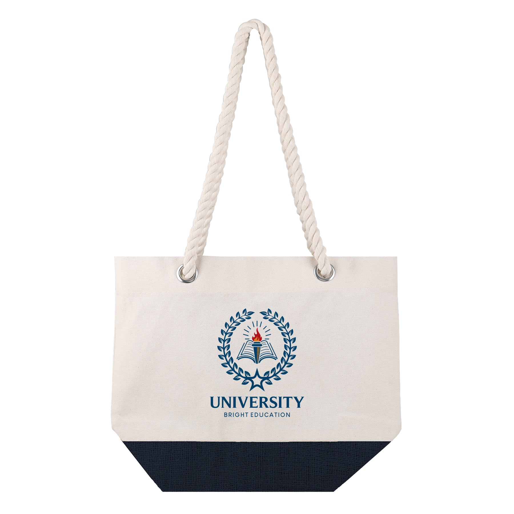 Tote bag with rope handle and logo on a white background
