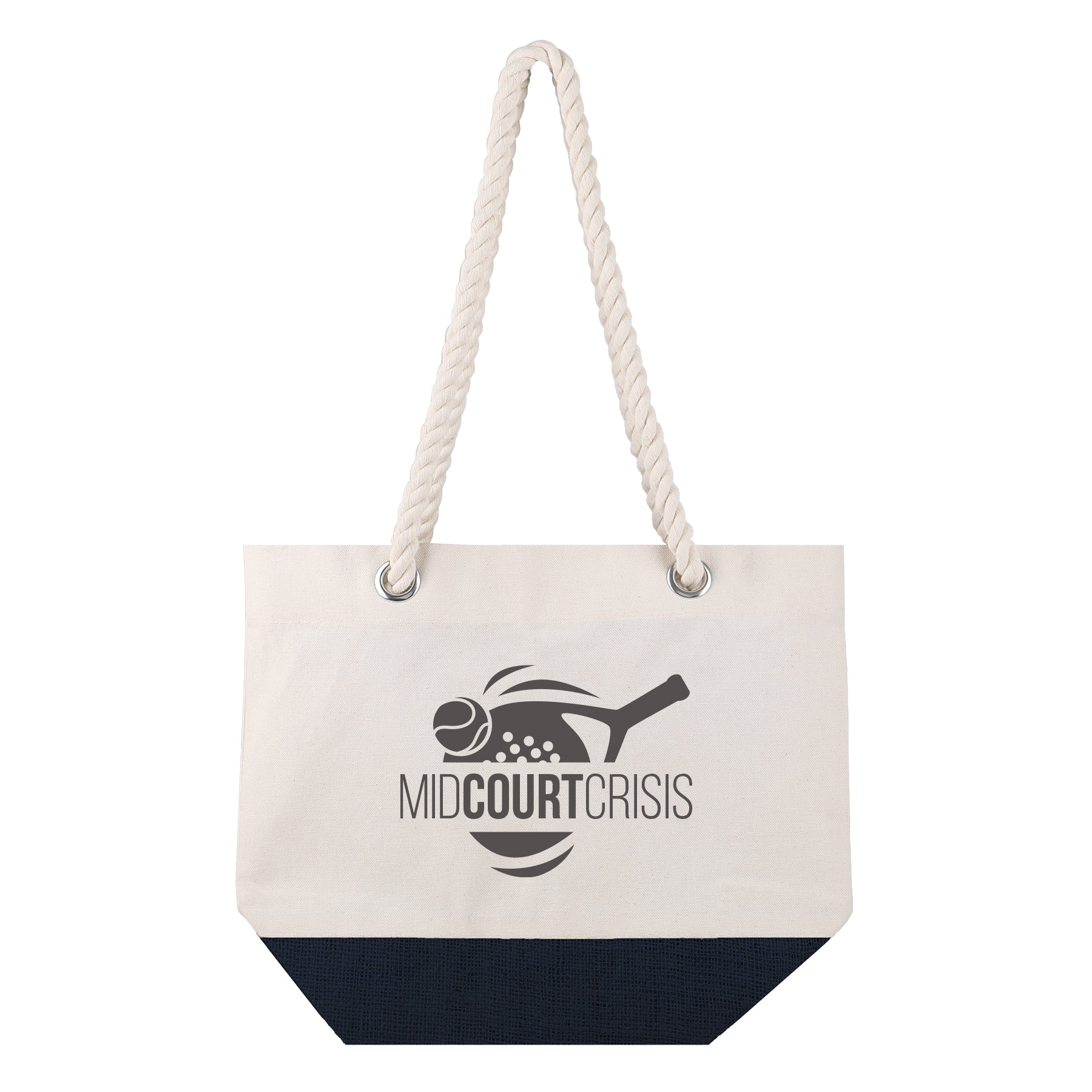 Canvas tote bag with rope handle logo on a white background