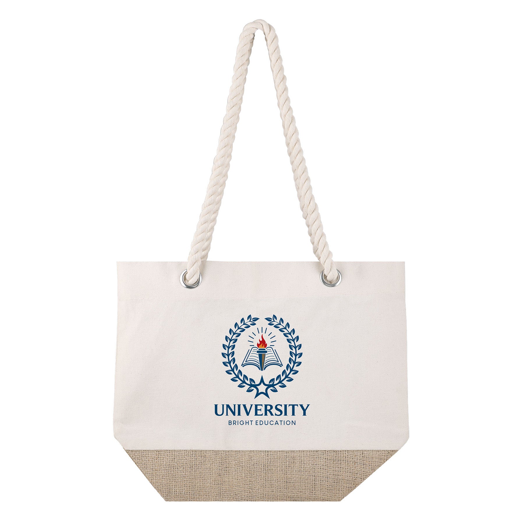 Tote bag with rope handle and logo on a white background