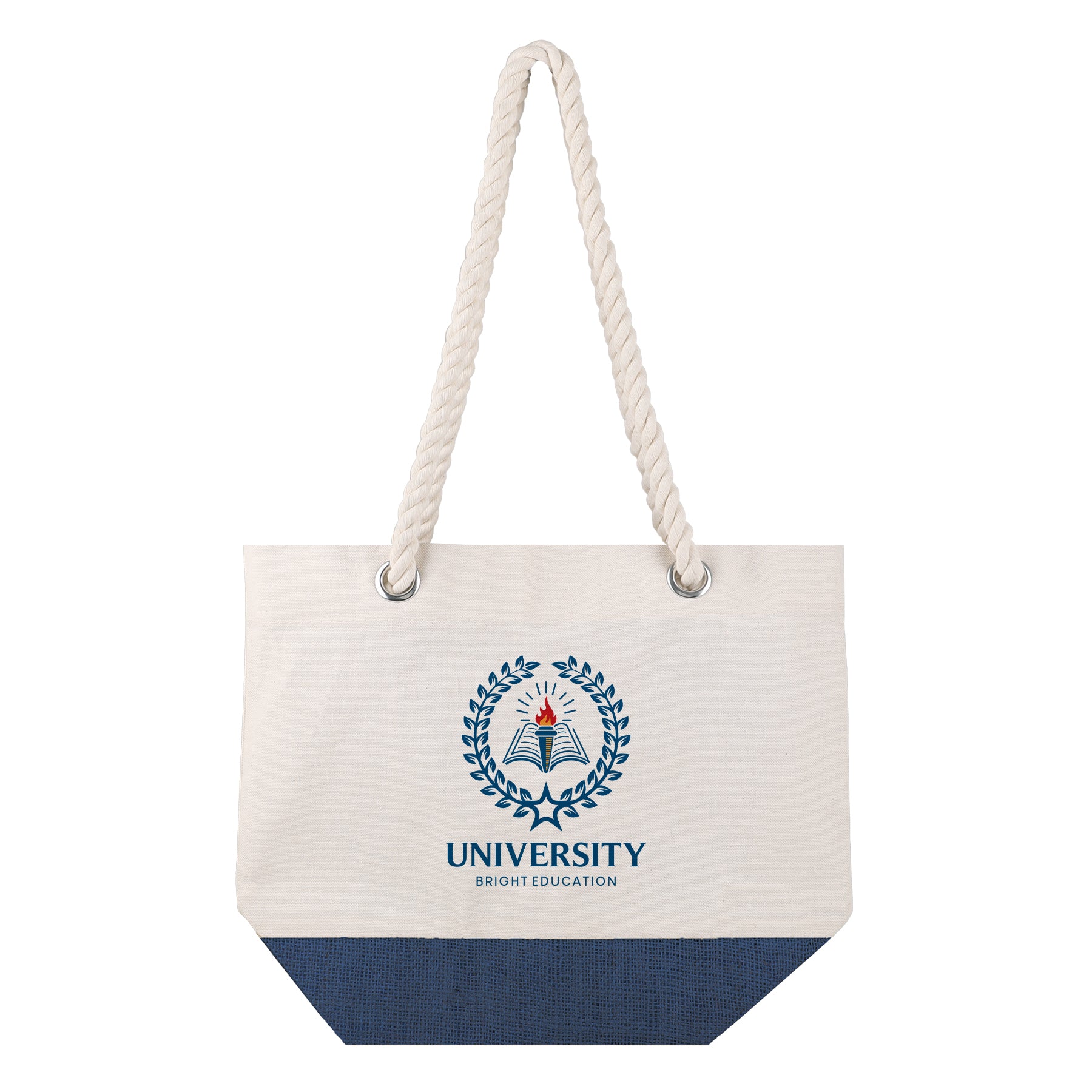 Tote bag with rope handle and branding on a white background