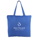 Blue tote bag with logo on a white background