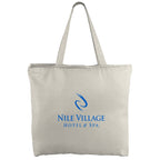 Beige tote bag with logo on a white background