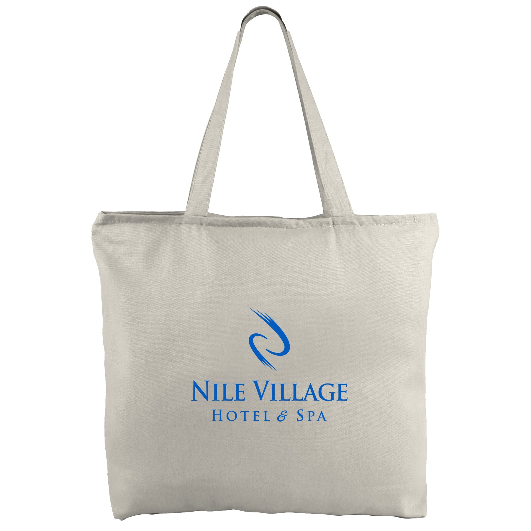 Beige tote bag with logo on a white background