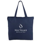 Navy tote bag with logo on a white background