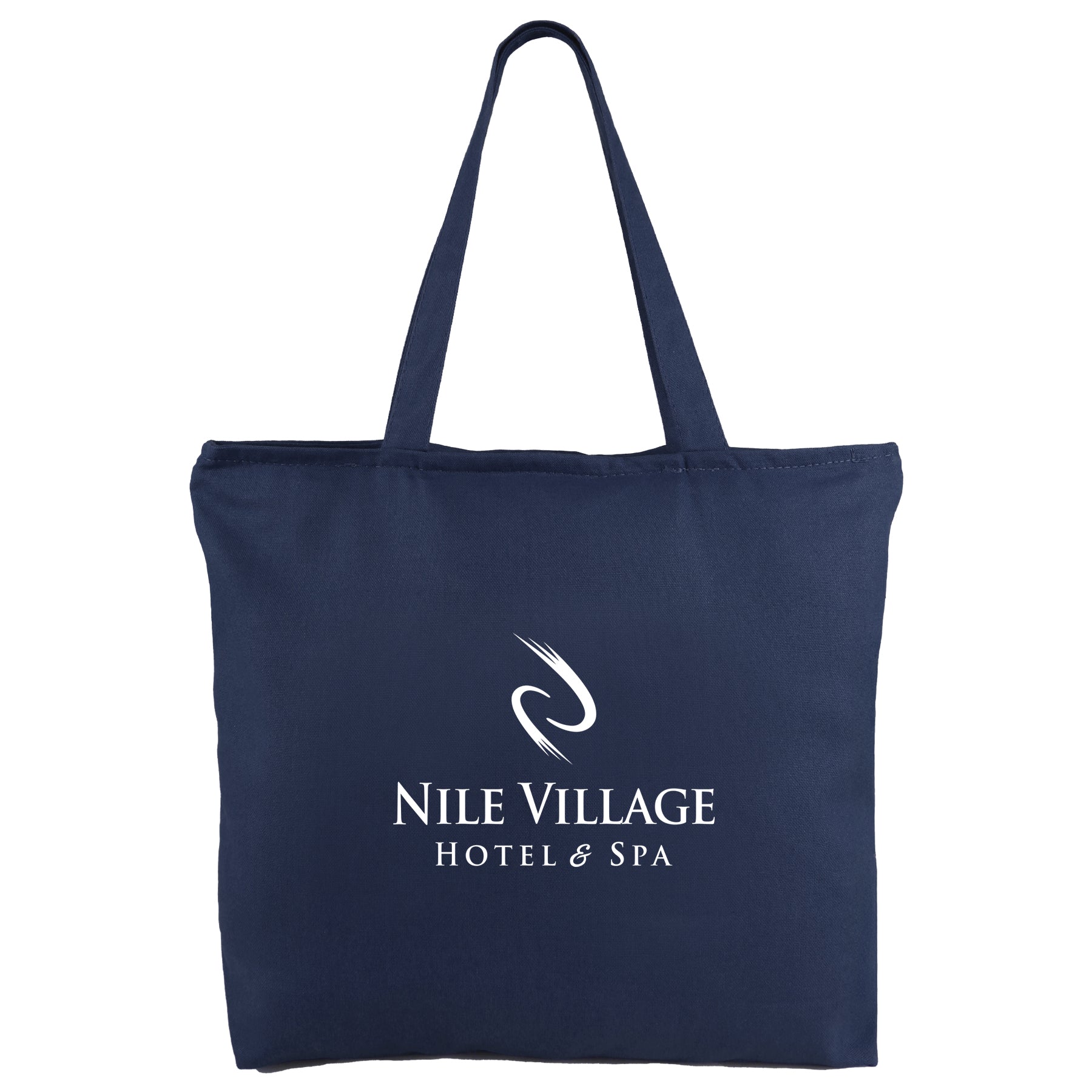 Navy tote bag with logo on a white background