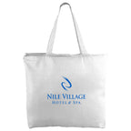White tote bag with logo on a white background