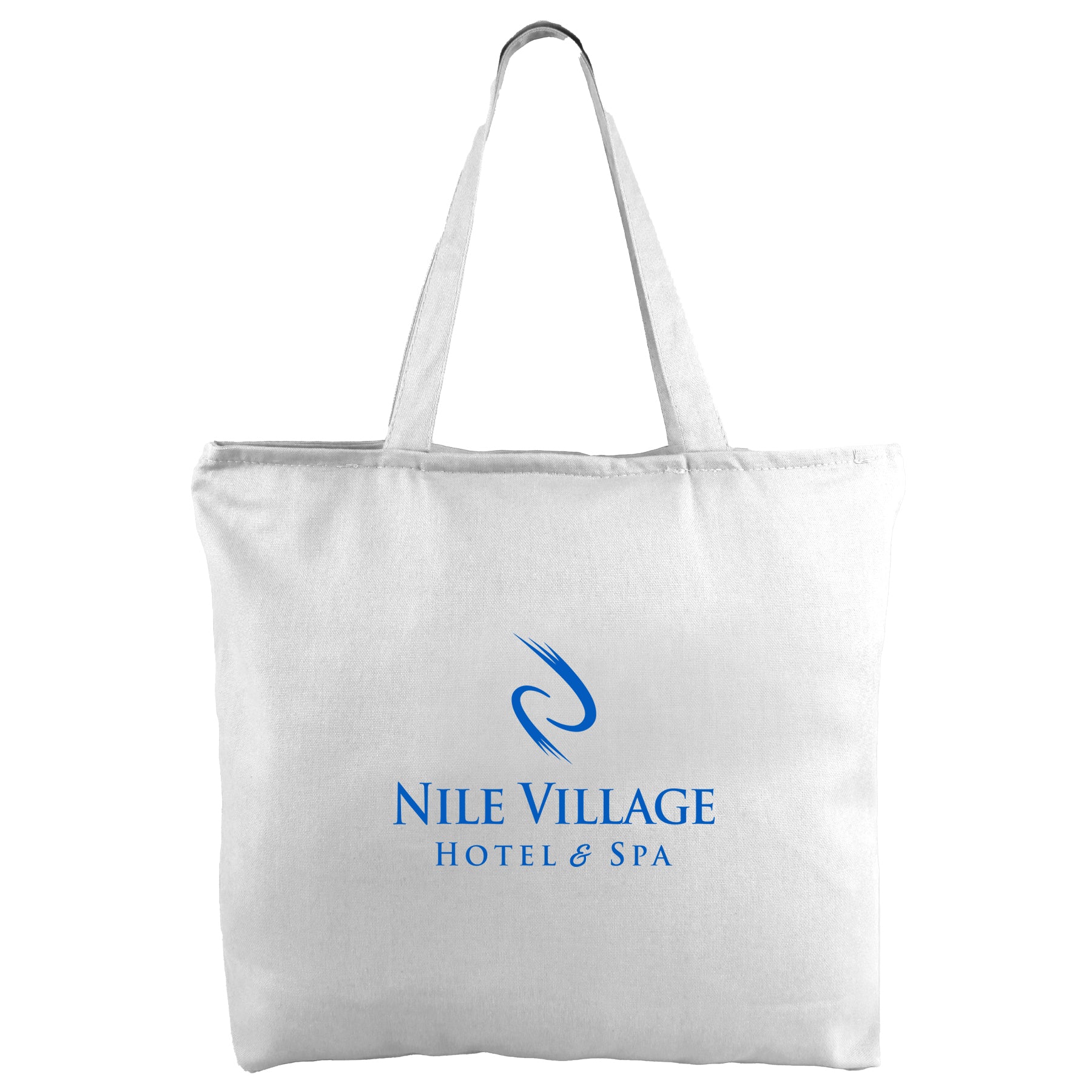 White tote bag with logo on a white background