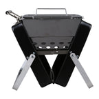 Black portable grill with metal stand on a white background