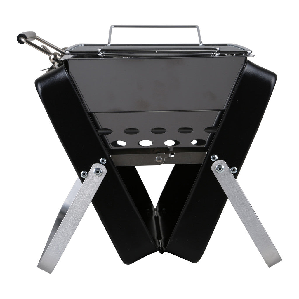 Black portable grill with metal stand on a white background