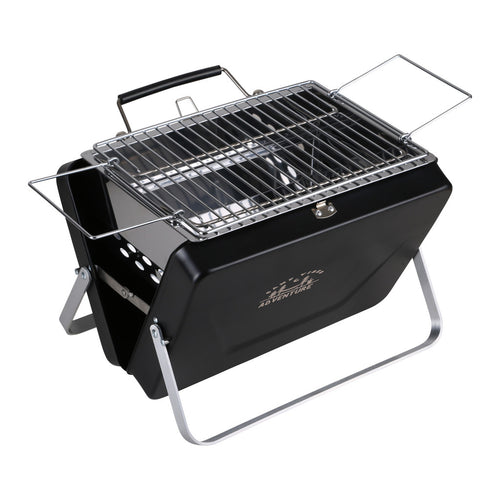 Black portable grill with metal grate on a white background