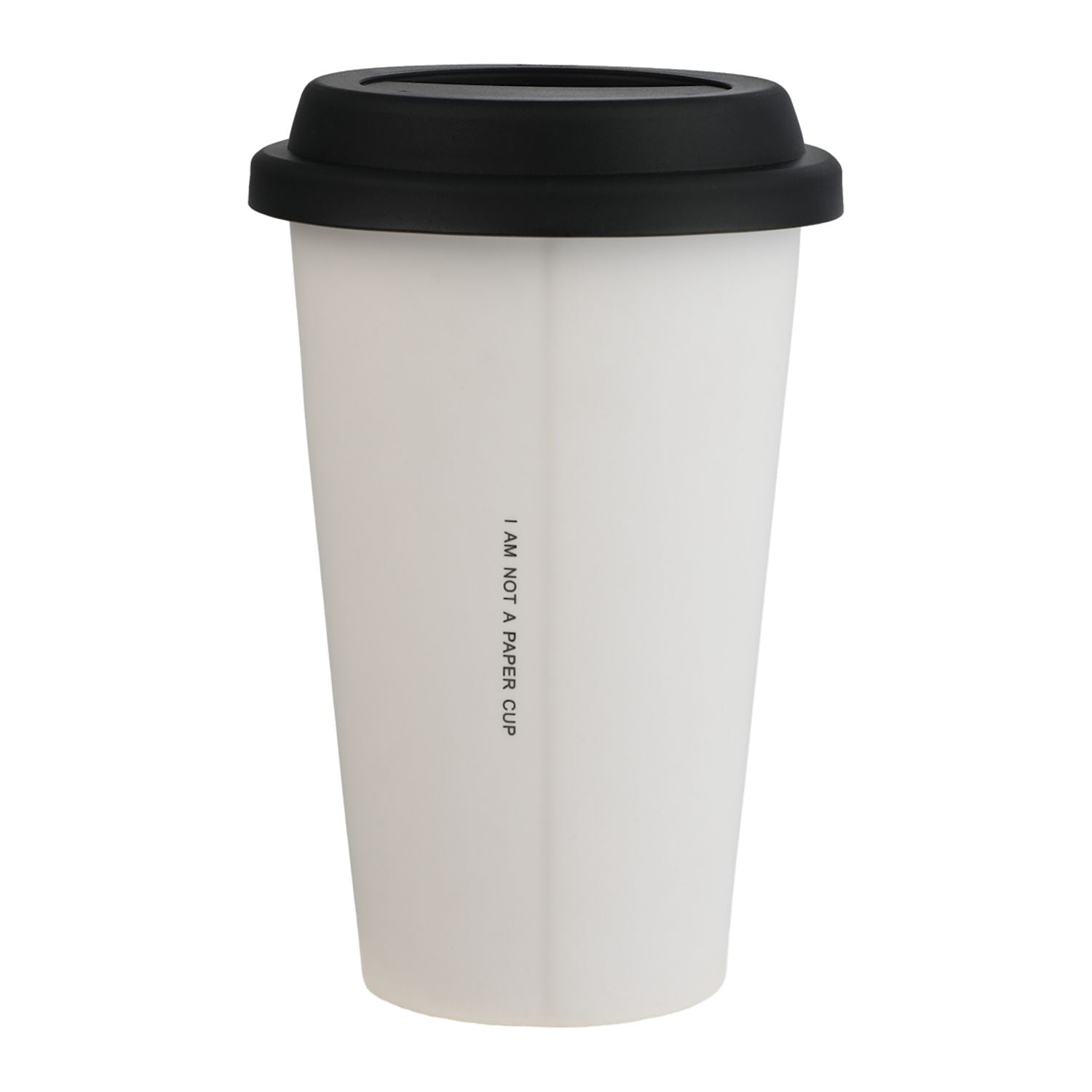 Back of I'm Not a Paper Cup 10 oz Ceramic Tumbler with Silicone Lid
