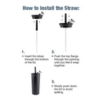 Instruction graphic titled 'How to Install the Straw:' showing three numbered steps with simple diagrams of a black tumbler lid, straw, and assembled tumbler on a white background.