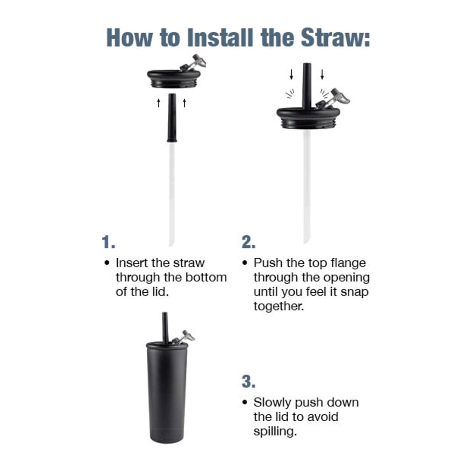Instruction graphic titled 'How to Install the Straw:' showing three numbered steps with simple diagrams of a black tumbler lid, straw, and assembled tumbler on a white background.