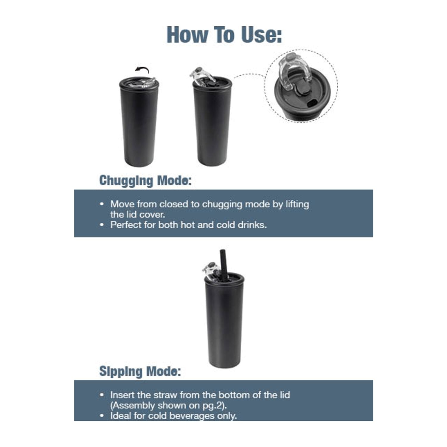 Instruction diagram showing how to use a black travel tumbler lid in two modes: Chugging Mode and Sipping Mode, with a close-up inset of the lid mechanism.