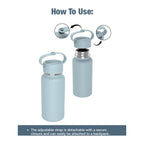How to use diagram showing a light blue insulated bottle with an adjustable loop strap, including close-up insets of the cap and a text note about detachable strap attachment.