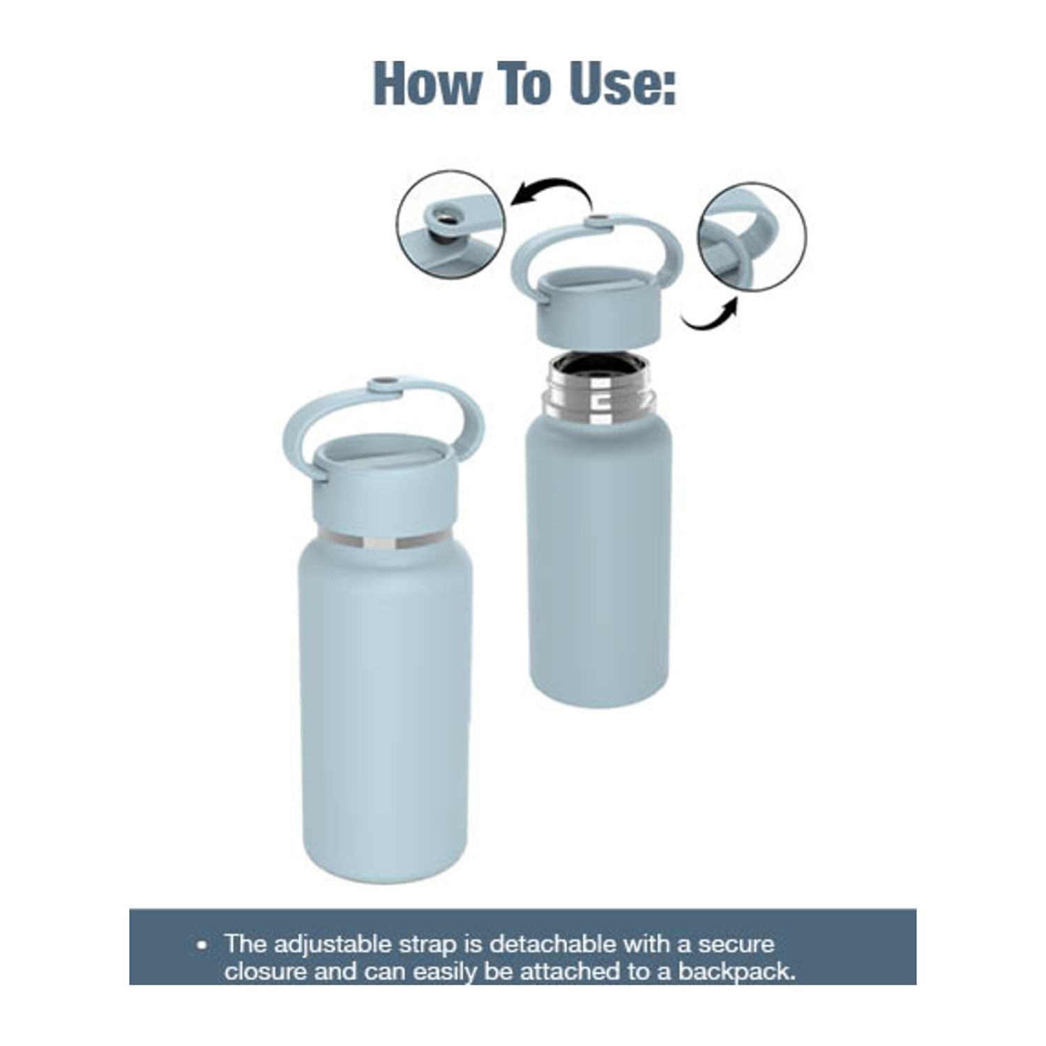 How to use diagram showing a light blue insulated bottle with an adjustable loop strap, including close-up insets of the cap and a text note about detachable strap attachment.