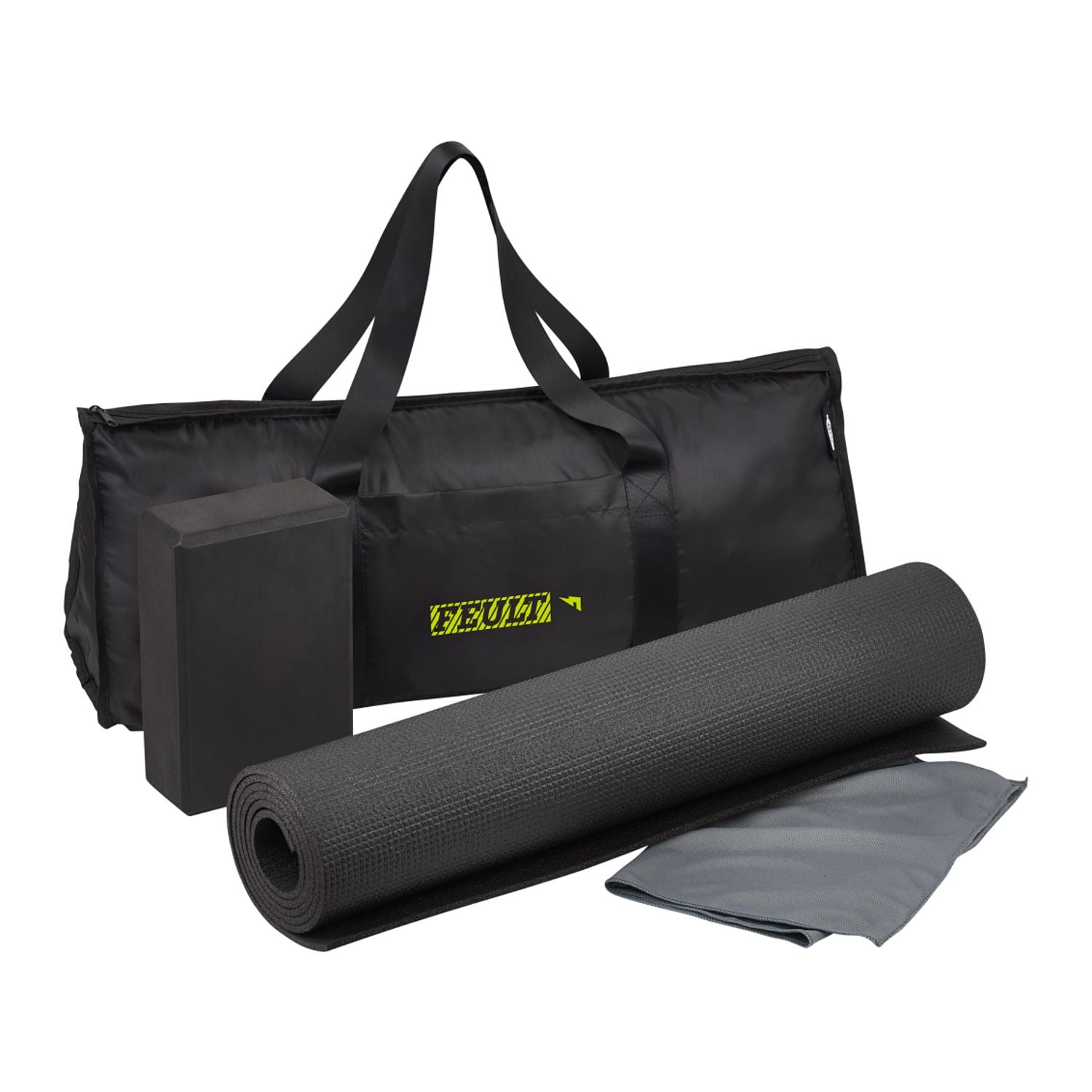 Black yoga mat with carrying strap and towel on a white background