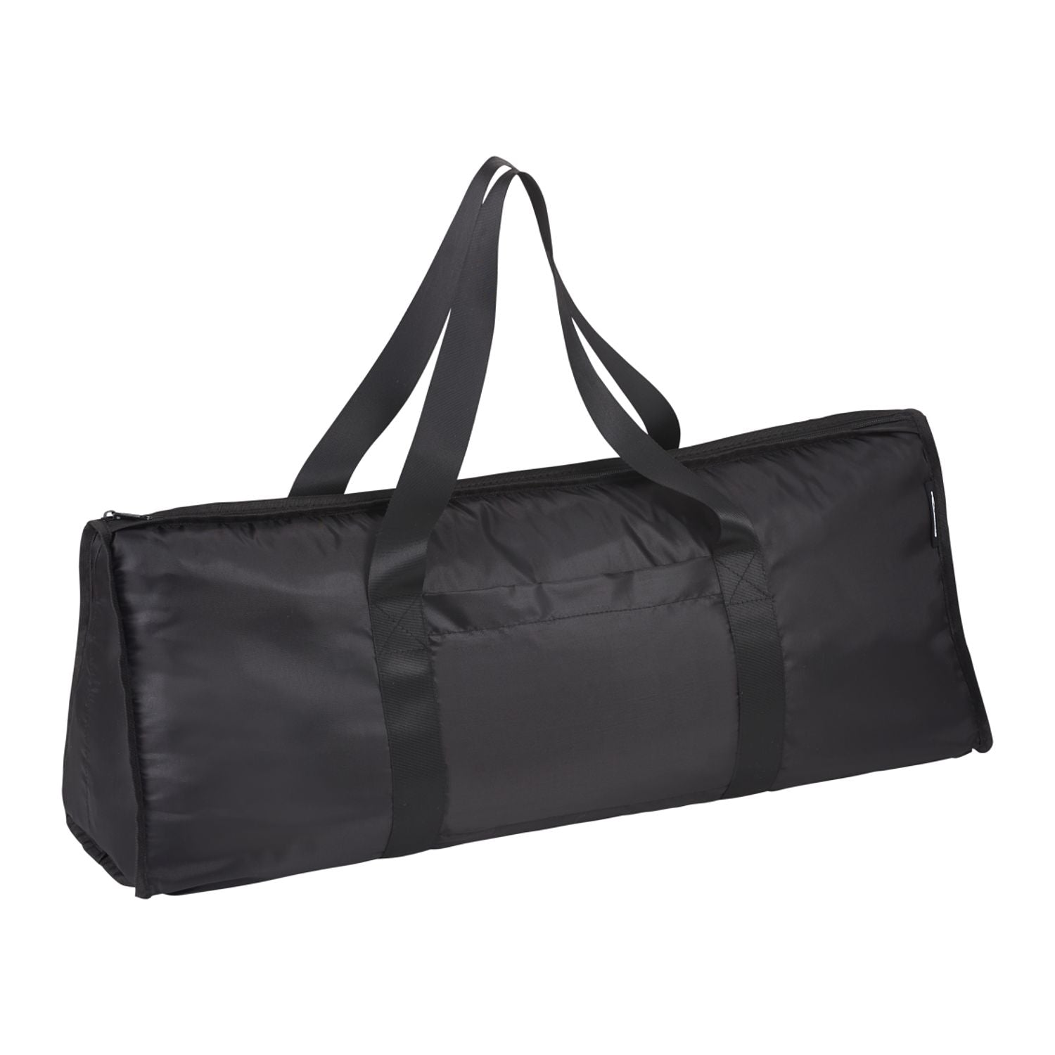 Black duffel bag with straps on a white background