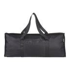 Black duffel bag with a handle on a white background