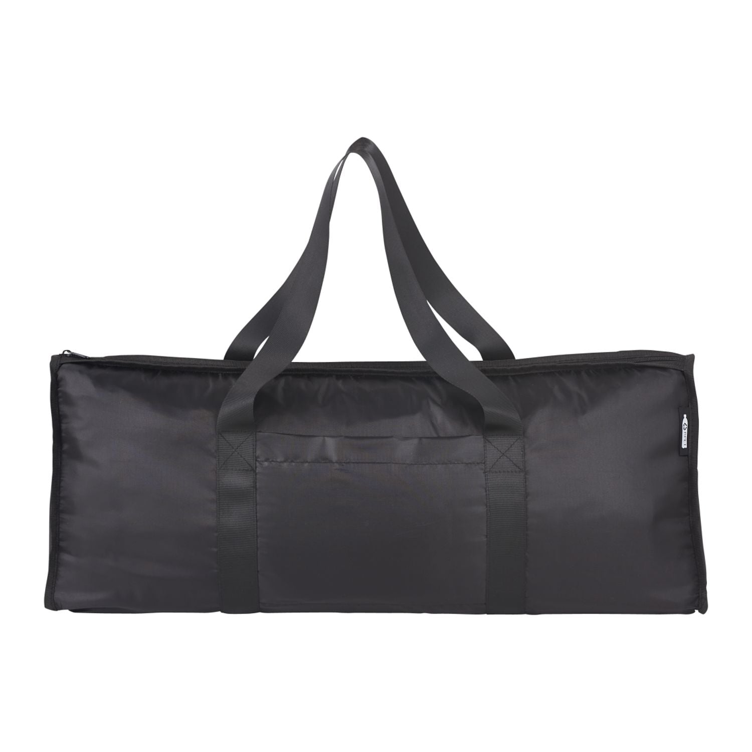 Black duffel bag with a handle on a white background