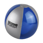 Blue and gray beach ball with branding on a white background