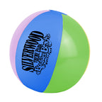 Multicolored beach ball with branding on a white background