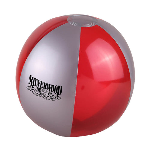 Red and gray beach ball with branding  on a white background