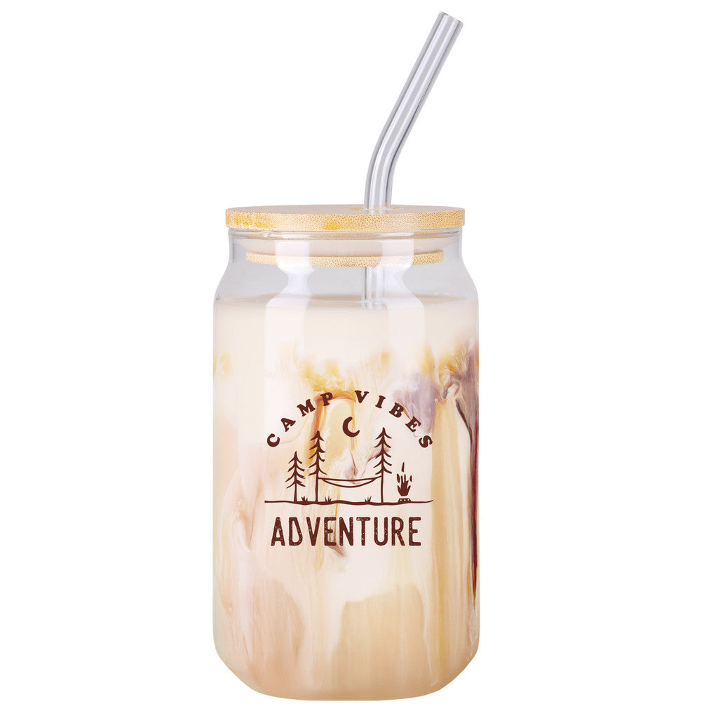 16 oz Glass Can with Bamboo Lid & Straw with a custom logo