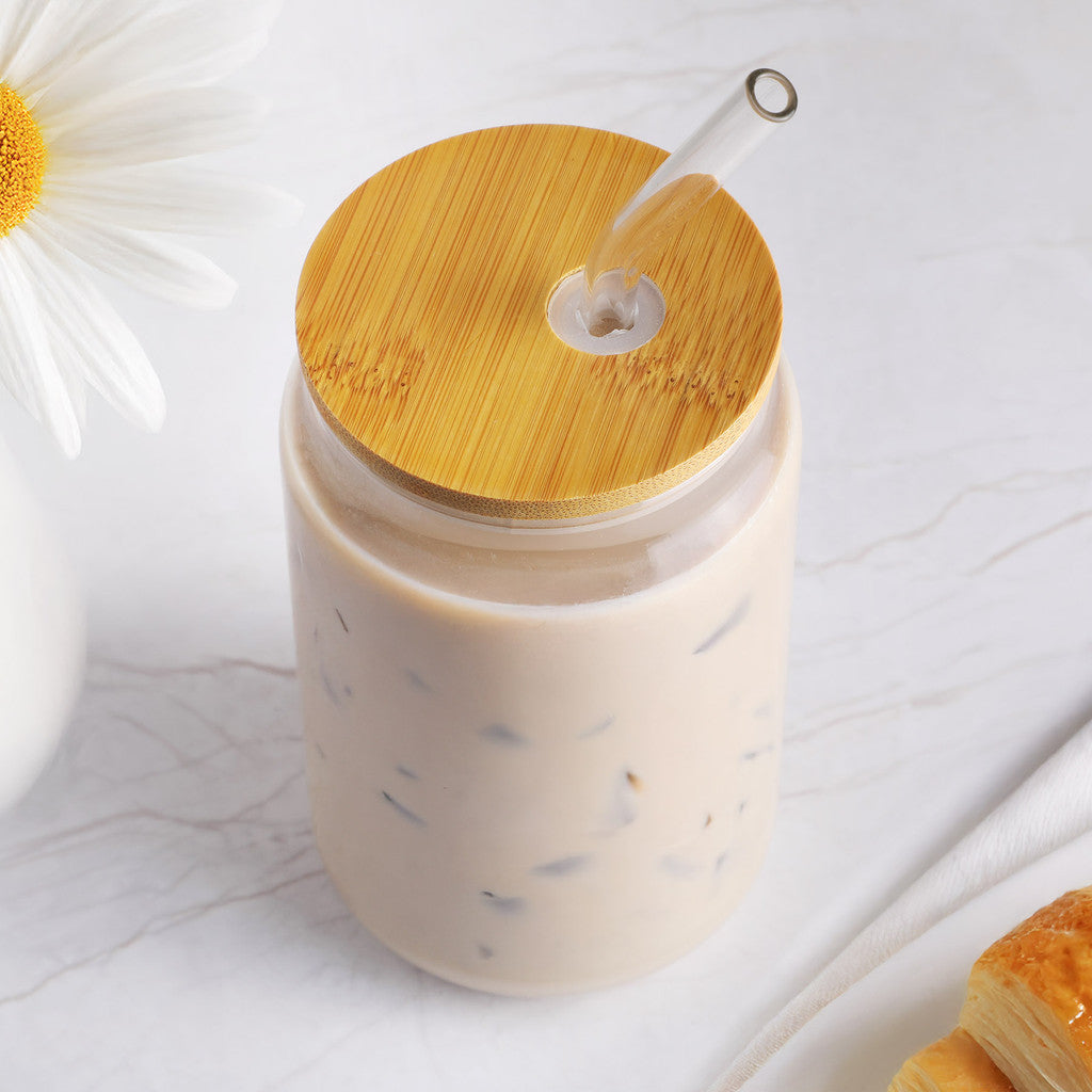 Top of 16 oz Glass Can with Bamboo Lid & Straw