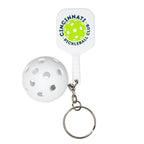 White Pickle Ball Keychain with a custom logo