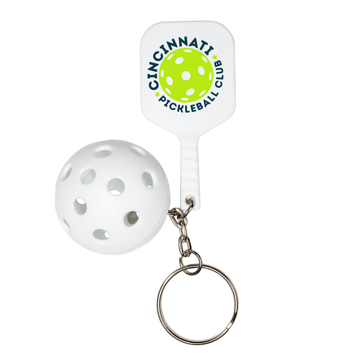 White Pickle Ball Keychain with a custom logo