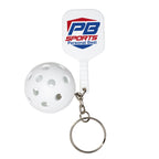 White Pickle Ball Keychain with a custom logo