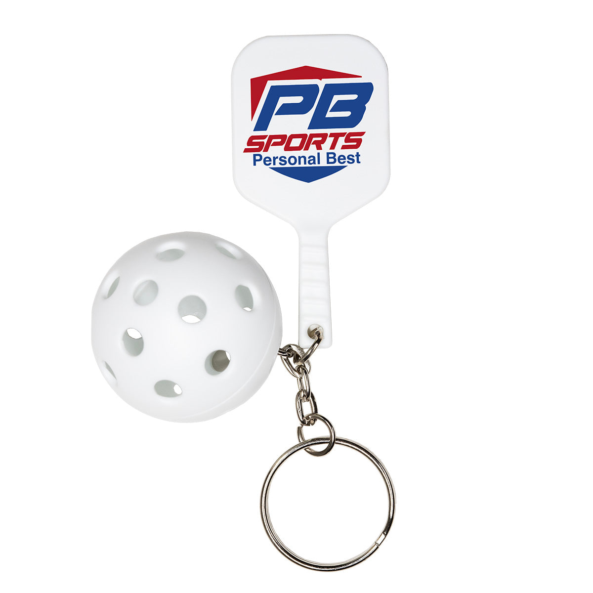 White Pickle Ball Keychain with a custom logo