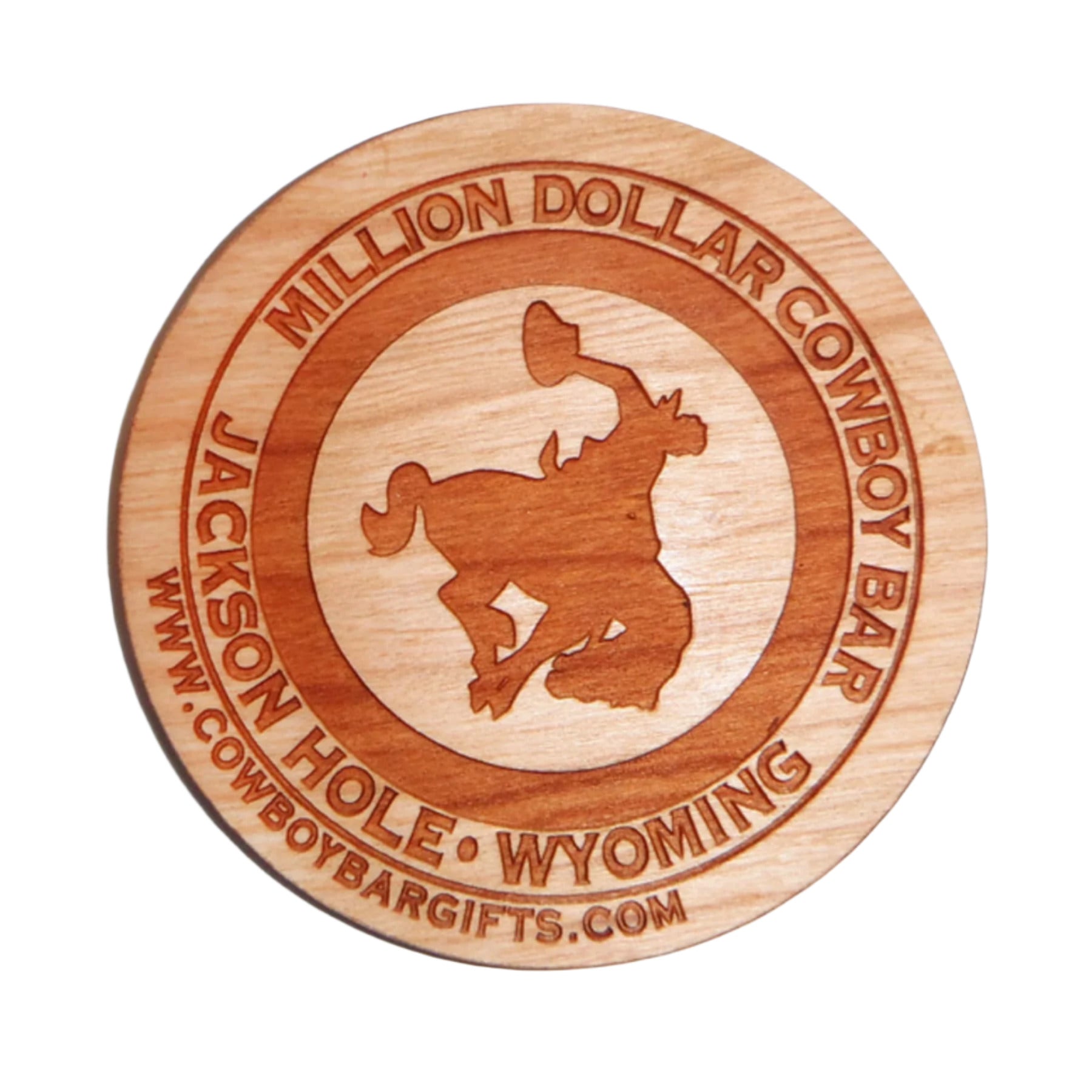 Wooden coaster with engraved text and a cowboy silhouette, featuring 'Million Dollar Cowboy Bar' from Jackson Hole, Wyoming.