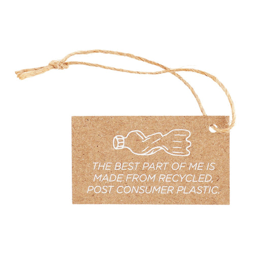 Kraft paper tag with text and a hand-drawn bottle on a white background