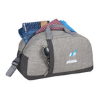 Graphite Reclaim Two-Tone Recycled Sport Duffle Bag with a custom logo shown with contents