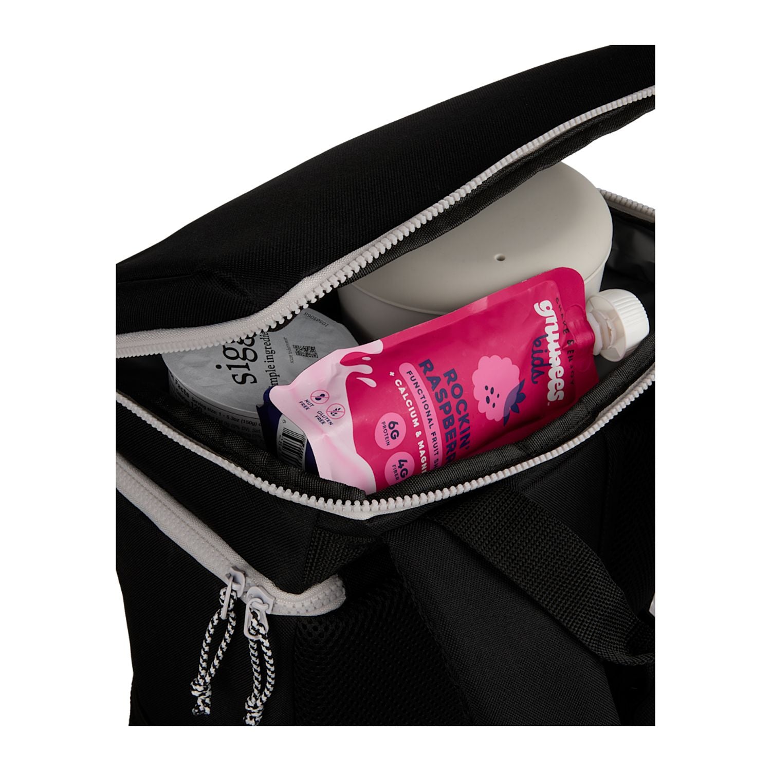 Black Glacial Recycled 15L Backpack Cooler shown opened with contents inside
