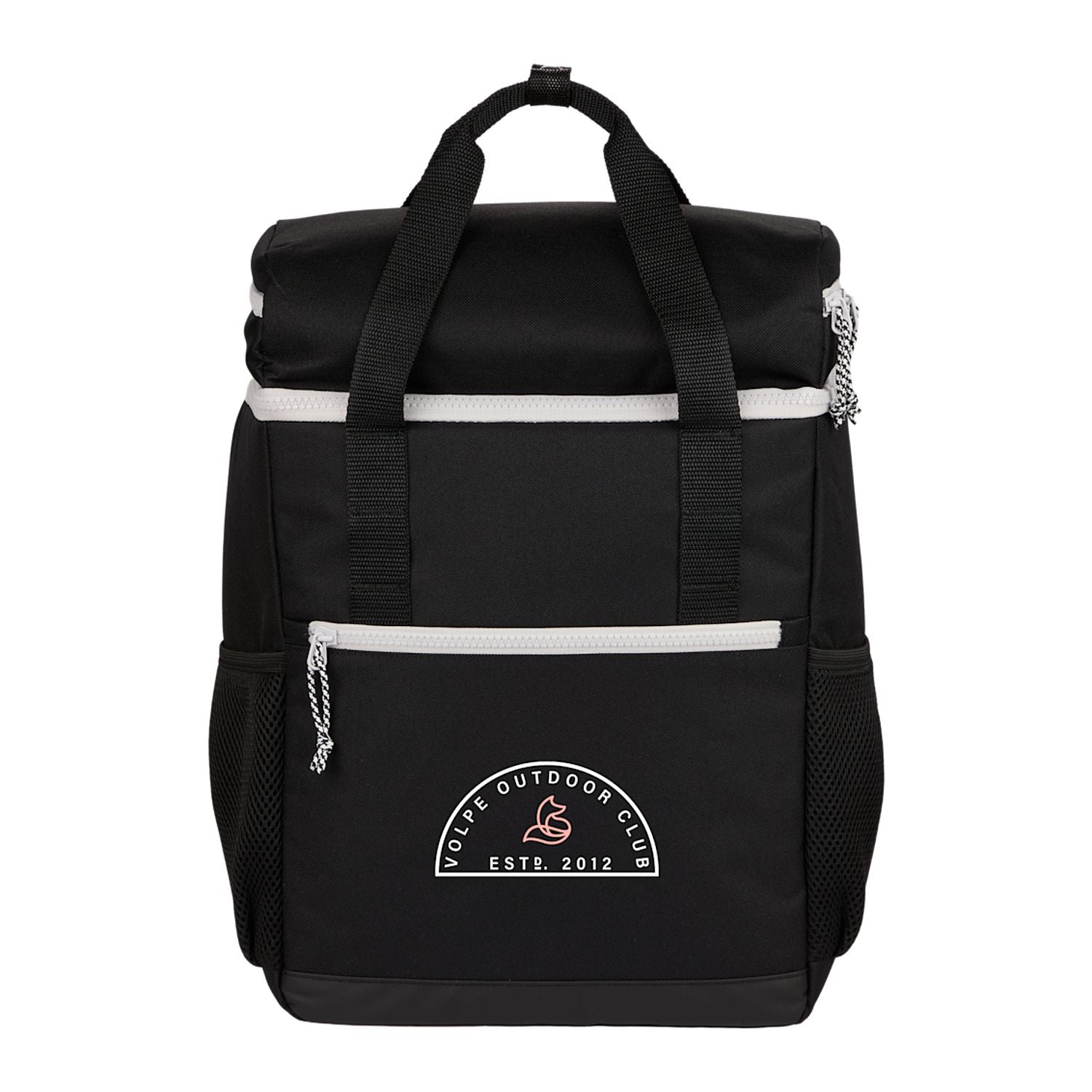 Black Glacial Recycled 15L Backpack Cooler shown with a custom logo on the front pocket