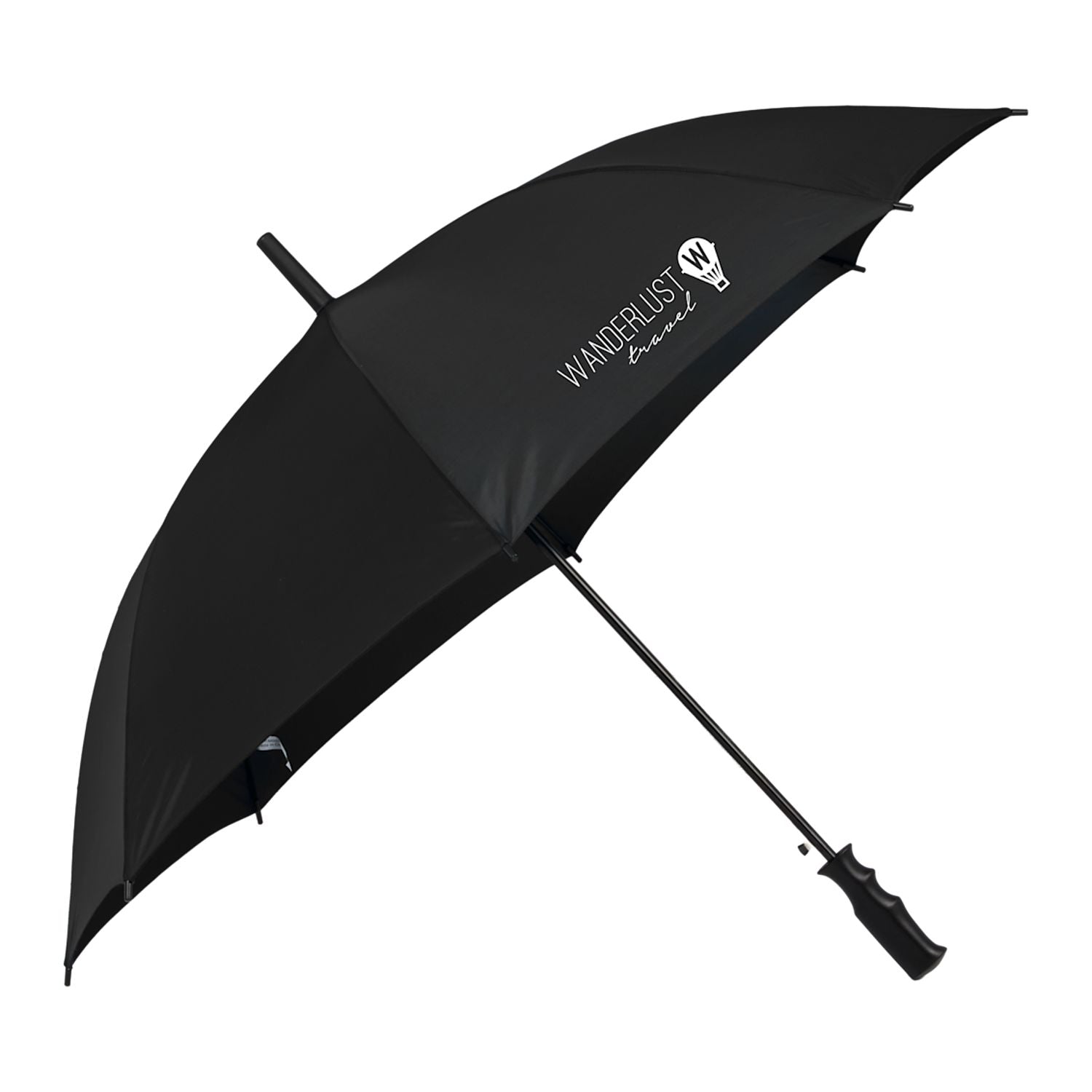 Black umbrella with a brand logo on a white background