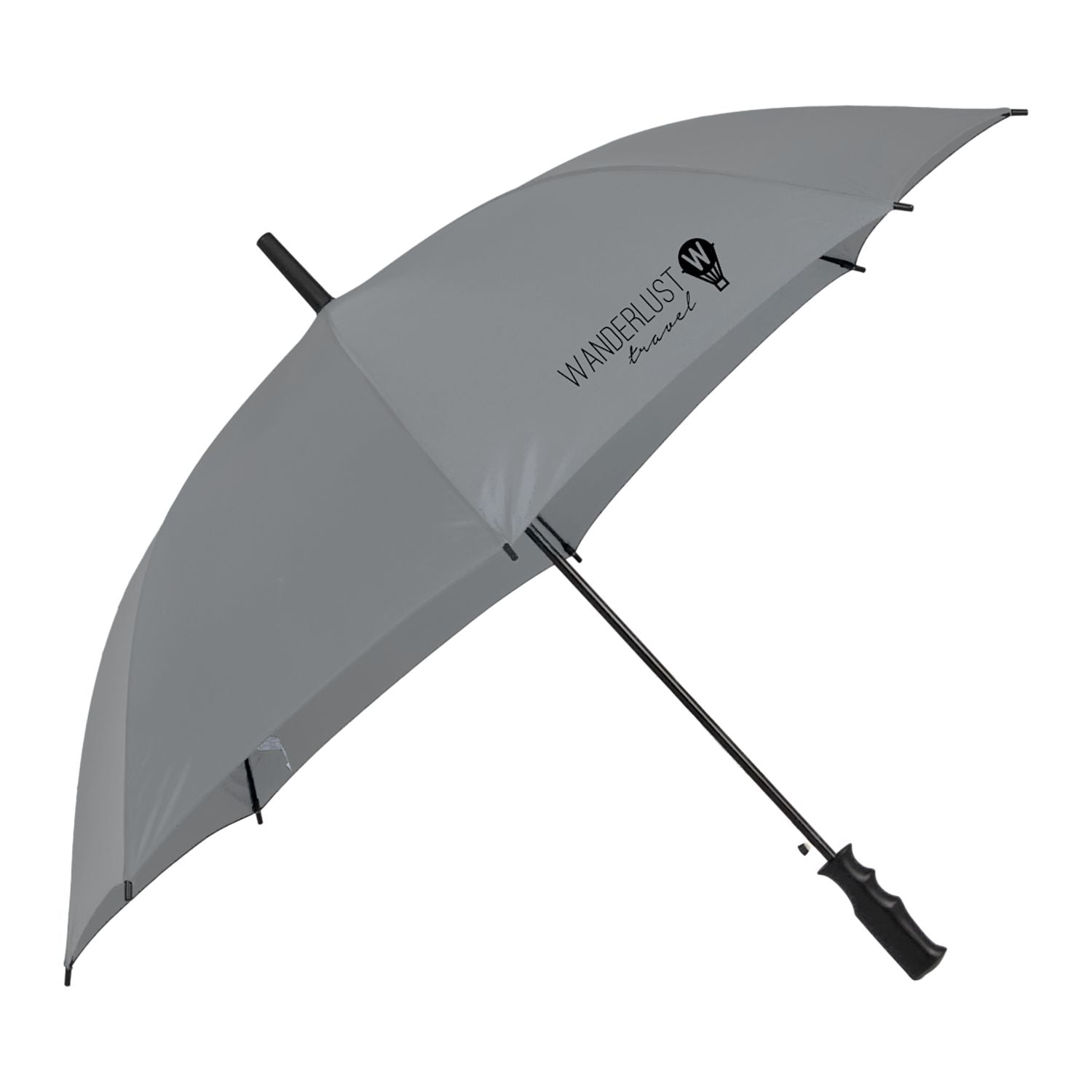 Gray umbrella with logo branding on a white background
