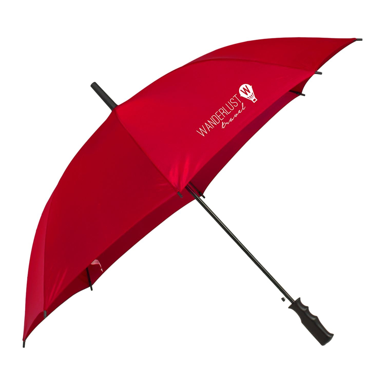 Red umbrella with a brand logo on a white background