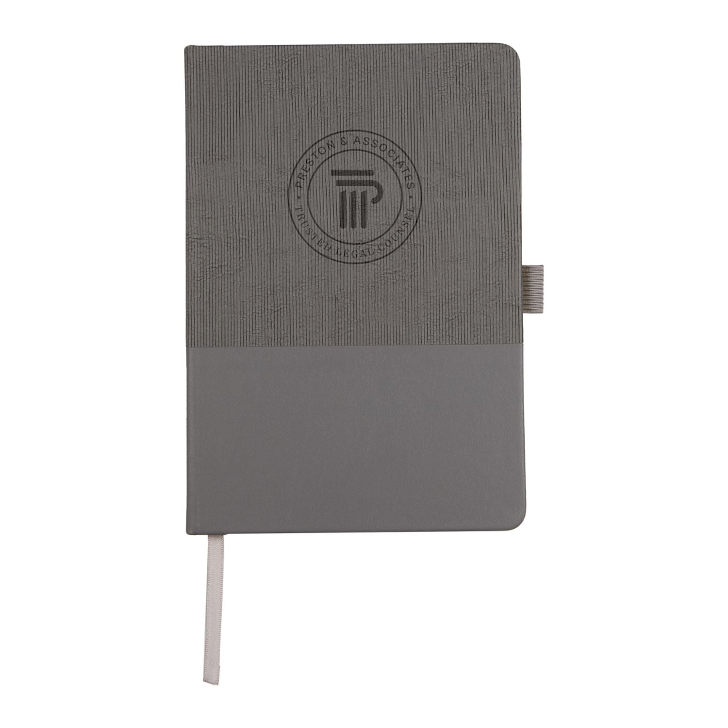 Gray notebook with a logo on a white background