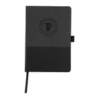 Black notebook with a logo on a white background